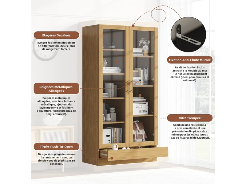  Vitrine 80 x 40 x 160 cm – étagères ajustables, tiroirs à ouverture par poussée, design sans poignées, bois naturel  - Conforama E