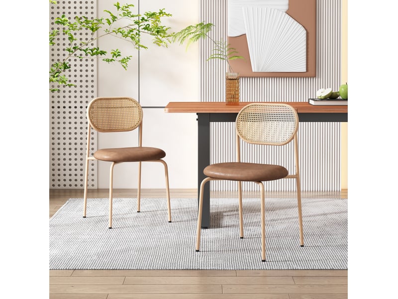  Lot de 2 chaises de salle à manger 46x48x80 cm, dossier ovale rotin, pieds métal, assise pu, marron  - Conforama D