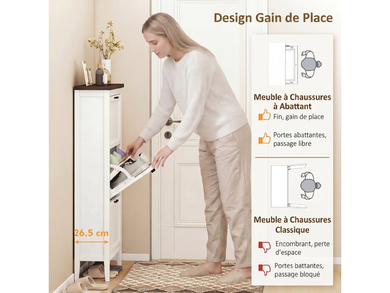  Meuble à chaussures 18 paires, armoire à chaussures étroite avec 3 tiroirs rabattables et étagères réglables, blanc  - Conforama E