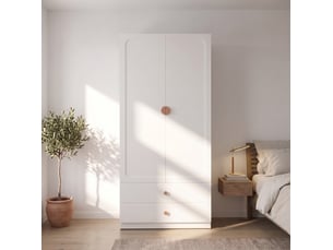 Armoire 90x45x200 cm avec 2 tiroirs, tringle et poignée en bois, coloris blanc, meuble de rangement chambre et dressing