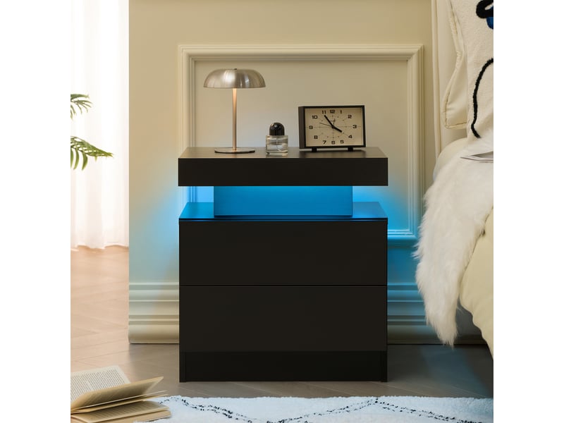  Chevet - avec éclairage led - convertible - design moderne - bois d’ingénierie - noir - pour chambre 50x53x36cm - Conforama A