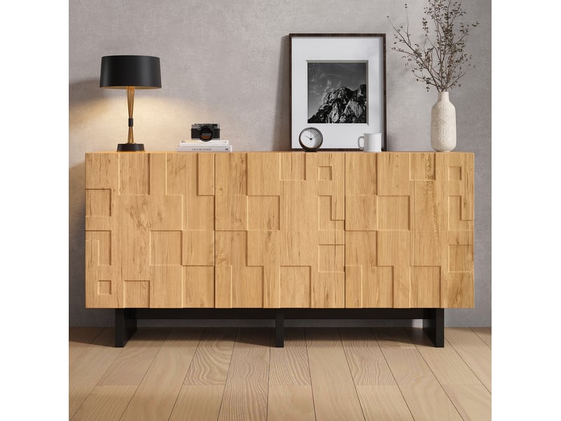  Buffet et enfilade avec 3 portes, 5 niches et ouverture sans poignées pour salon, en mdf naturel, 140 × 40 × 70 cm  - Conforama C