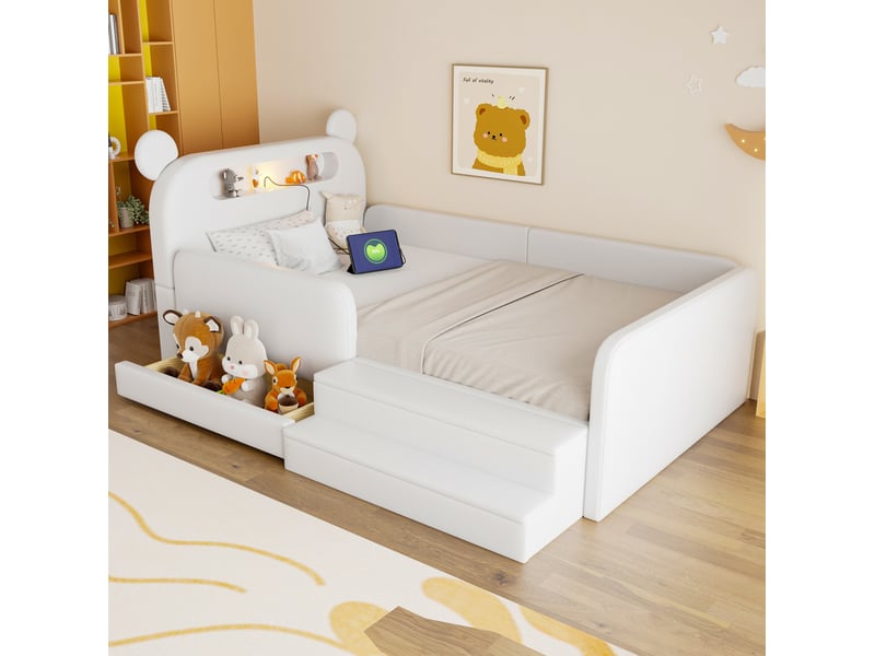 Lit enfant 90 x 200 cm blanc avec tête de lit ours, veilleuse, port usb et rangement - Conforama C