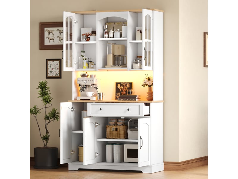  Buffet de cuisine haut led avec portes vitrées, tiroir et étagères réglables, pour cuisine, blanc, 100 × 38 × 178 cm  - Conforama C