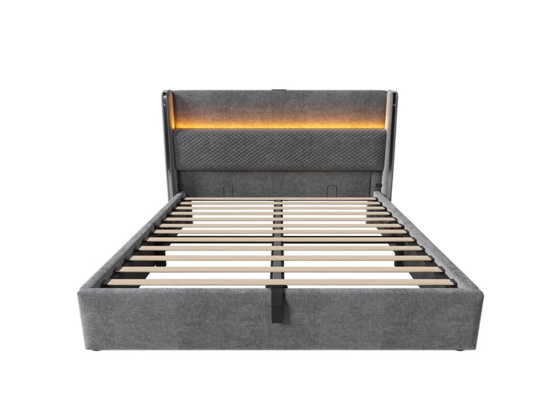  Lit coffre 140x200cm, lit double, led, tête de lit en lin gris, charge, sommier en bois, métal, matelas non inclus  - Conforama E