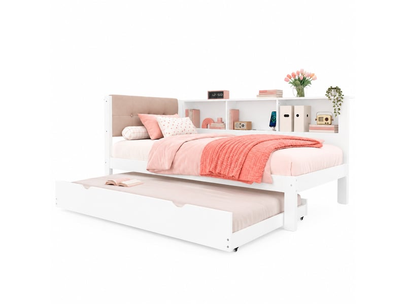  Lit banquette avec lit gigogne, étagères, port usb et éclairage réglable, en bois massif et mdf, blanc  - Conforama A