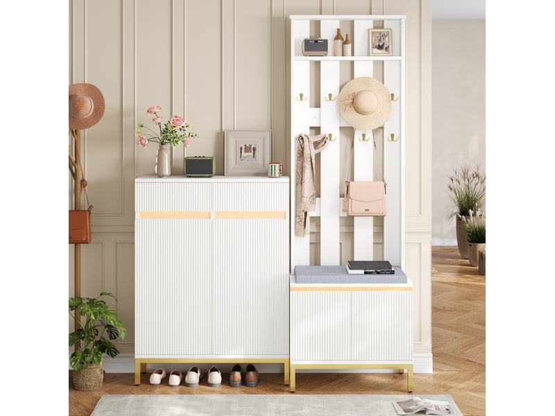  Vestiaire d’entrée avec banc, meuble à chaussures et led, 80x35x103 cm blanc  - Conforama W