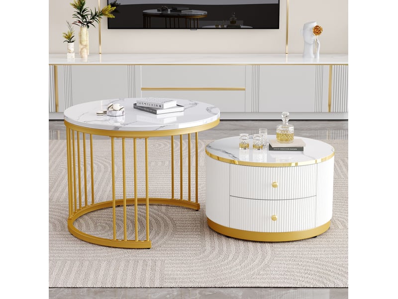  Tables basses gigognes rondes avec 2 tiroirs et finition effet marbre brillant, style moderne pour salon et séjour  - Conforama B