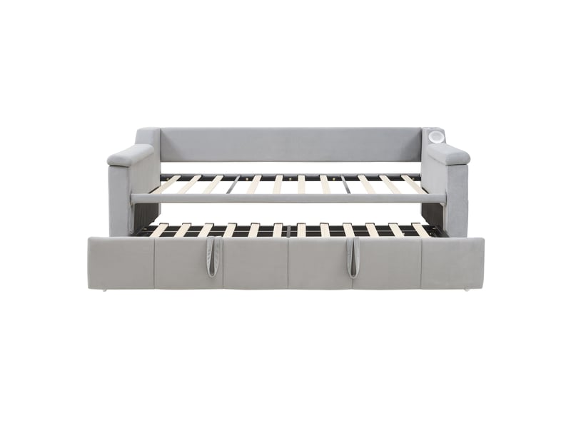 Lit banquette extensible 90180x190 cm avec bluetooth, usb, rangements et velours gris clair - Conforama D