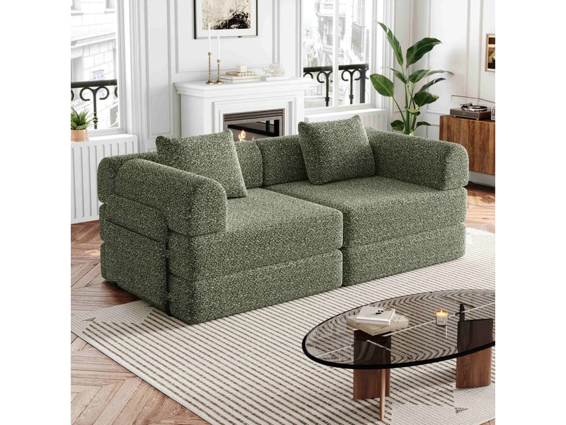 Canapé-lit 2-en-1 en chenille, 2 places, avec rangement dans l’accoudoir, structure en acier, configuration modulable - Conforama B