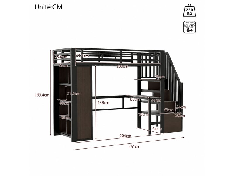 Lit mezzanine, lit simple avec bureau, étagères, escalier de rangement et led, 90 x 200 cm, sans matelas, noir - Conforama D