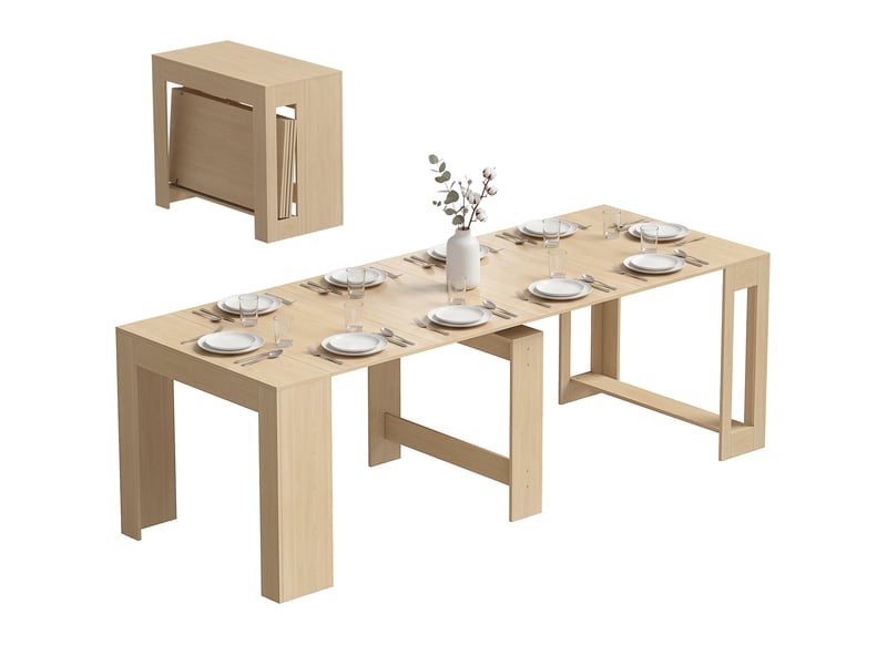  Table de salle à manger extensible pour petits espaces, transformable en console, 10 couverts, aspect bois brun clair  - Conforama A
