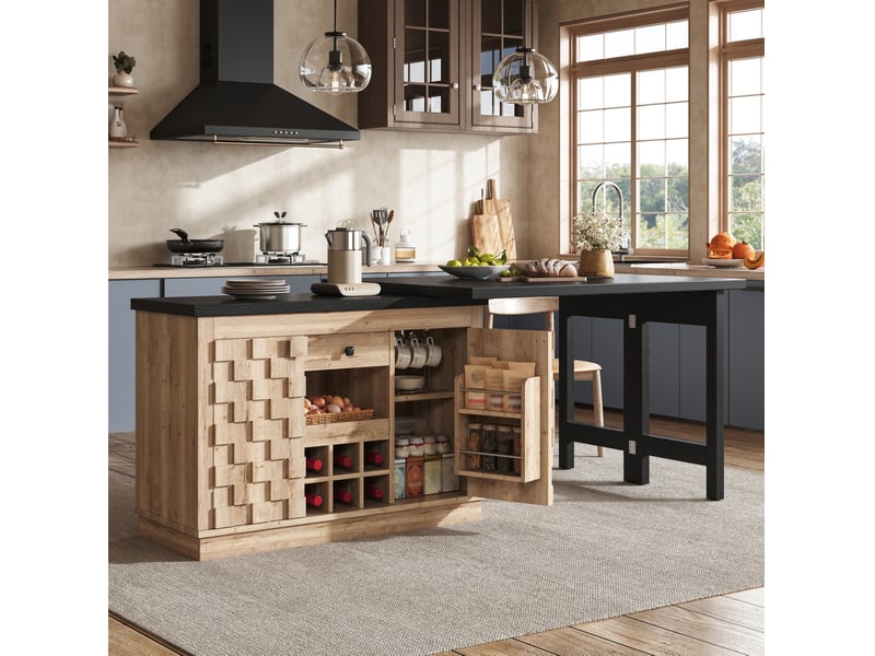  Desserte de cuisine pivotante avec 2 portes, tiroir et porte-bouteilles amovible, aspect bois 120 × 40 × 74,2 cm  - Conforama E