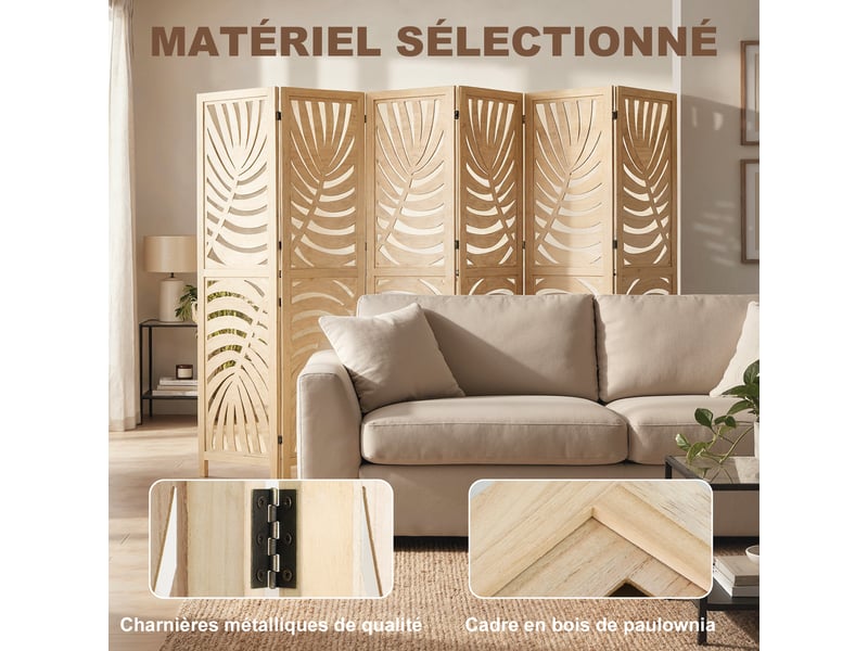  Paravent interieur en bois 6 panneaux 240 x 170 cm, pliable et portable, motif de feuille, bois naturel, design amovible  - Conforama W