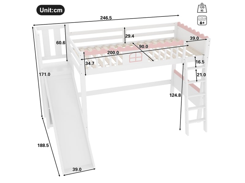  Lit mezzanine pour enfant 90x200 cm avec toboggan, led, 3 étagères et rangements, blanc  - Conforama C