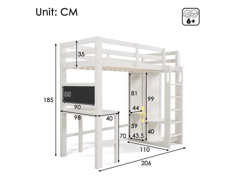  Lit mezzanine enfant blanc 90x200 cm avec bureau, armoire ouverte et tableau noir  - Conforama C