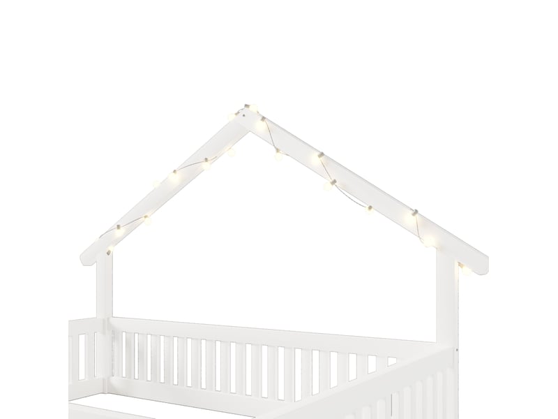  Lit surélevé enfant 140x200 cm équipé de sommier à lattes, de guirlande led et de garde-corps de sécurité, bois blanc, sans matelas  - Conforama E
