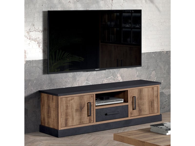  Meuble tv 2 portes aspect chêne artisan et noir graphite - urbal URBAL - Conforama B