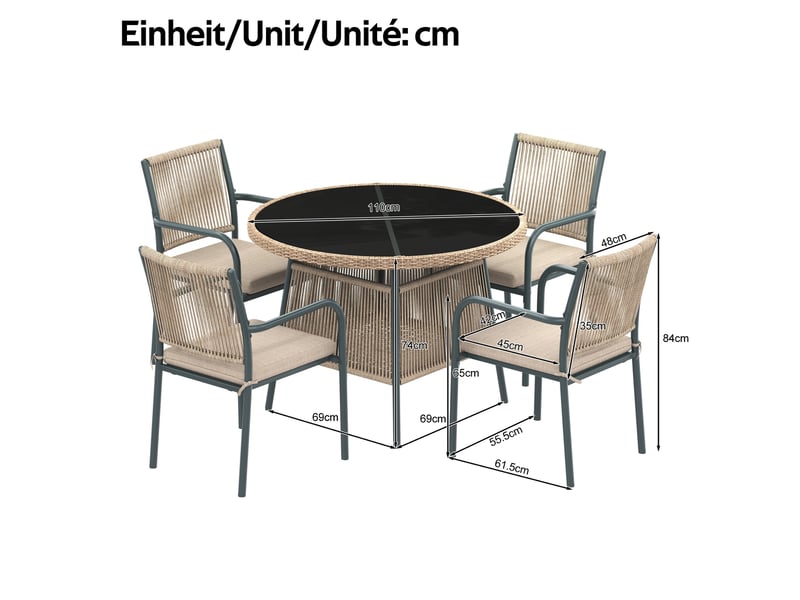 Salon de jardin 5 pièces 110x110 cm – gris – table ronde en verre trempé et 4 fauteuils avec coussins - Conforama C