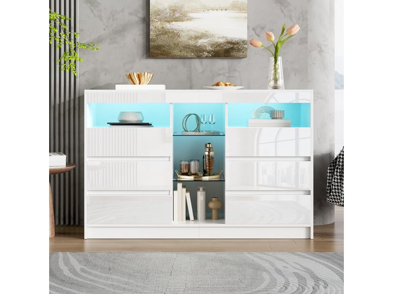  Commode 6 tiroirs, avec tablettes en verre et éclairage led, armoire de rangement laquée brillante, 130 x 40 x 85 cm, coloris blanc  - Conforama D