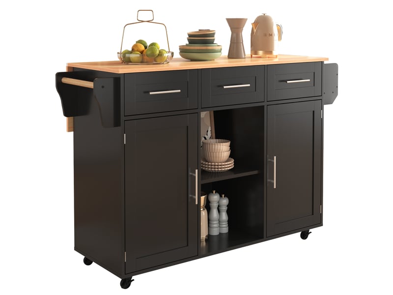  Desserte de cuisine 139 x 46(71) cm avec plateau rabattable, noire et décor bois  - Conforama A