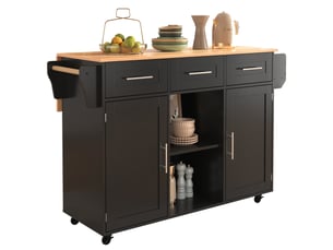Desserte de cuisine 139 x 46(71) cm avec plateau rabattable, noire et décor bois