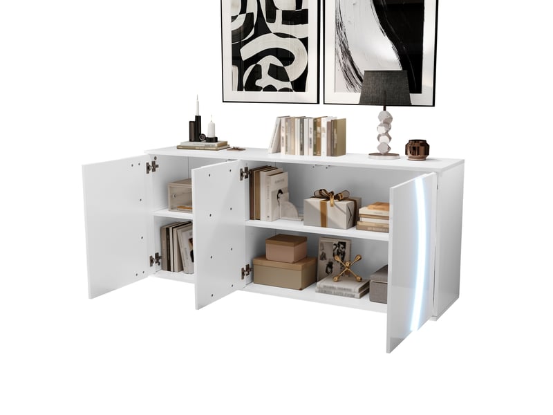  Buffet avec led, 3 portes et étagères réglables, meuble tv pour salon en panneaux de particules blanc, 150x40x70 cm  - Conforama R