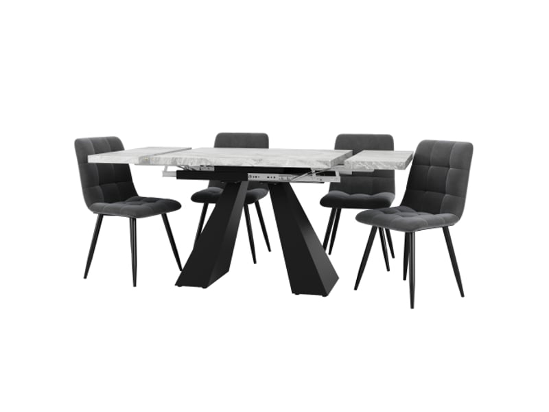 Ensemble salle à manger 5 places - table extensible 160×80×75 cm, 4 chaises gris velours, table grise à pieds colonne - Conforama A