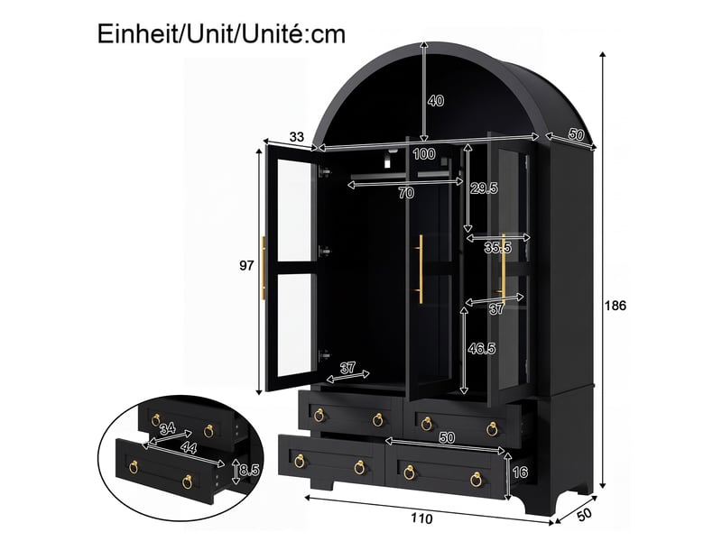  Armoire avec 3 portes vitrées, 4 tiroirs et led 110x50x186 cm noir  - Conforama C