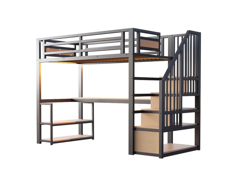  Lit mezzanine 90 x 200 cm avec bureau, rangements, led et prise, métal, noir Fay Lum - Conforama A