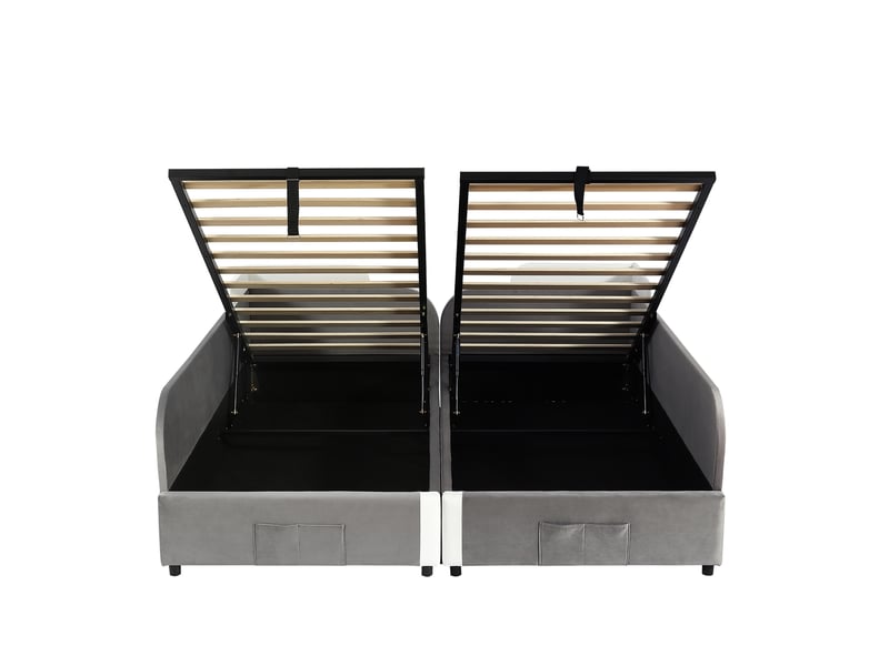  Lit double 2x90x200 cm pour enfant, lit coffre hydraulique avec barrière de sécurité souple et poche de rangement, velours et contreplaqué, gris  - Conforama D