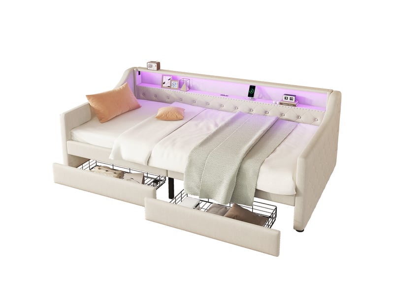  Modenvie lit banquette 90x200 cm - led avec telecommande, port usb et 2 tiroirs, sans matelas - beige  - Conforama A