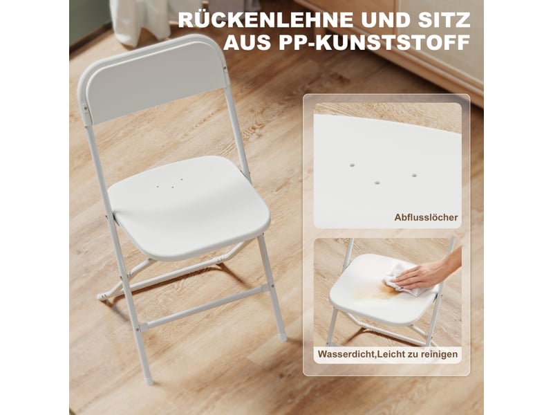  Ensemble de 6 chaises pliantes, avec trous de drainage, structure en acier, usage polyvalent, blanches  - Conforama E