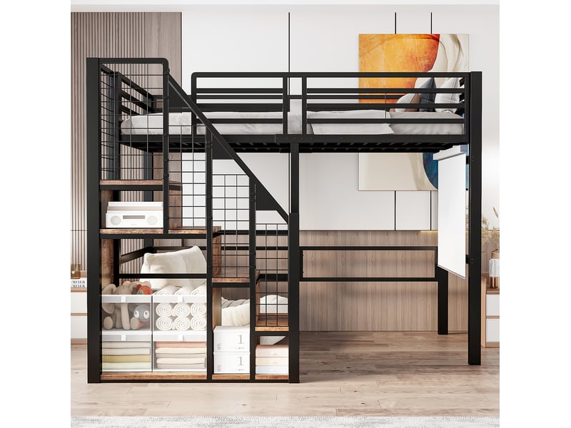  Lit mezzanine enfant 90x200 cm – noir – escalier sécurisé et rangements intégrés – sans matelas  - Conforama B