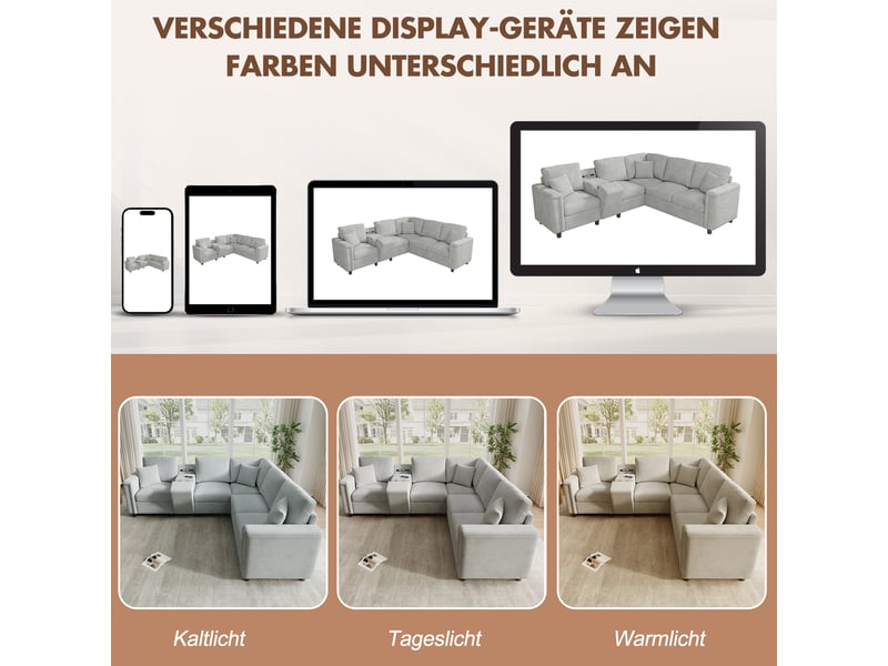  Canapé d'angle tcqpz 5 places 235 x 208 x 83 cm avec rangement usb type-c liseuse chenille gris clair  - Conforama D