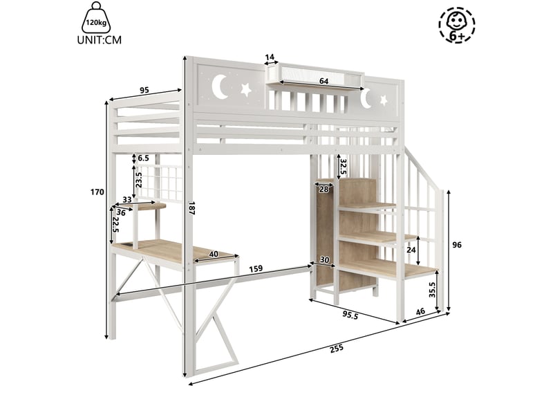 Lit mezzanine, 90 x 200 cm, structure en fer, panneau perforé, étagères multiples, bureau, port usb, barrière de sécurité, éclairage led, pieds en forme de k, matelas non inclus, blanc - Conforama C