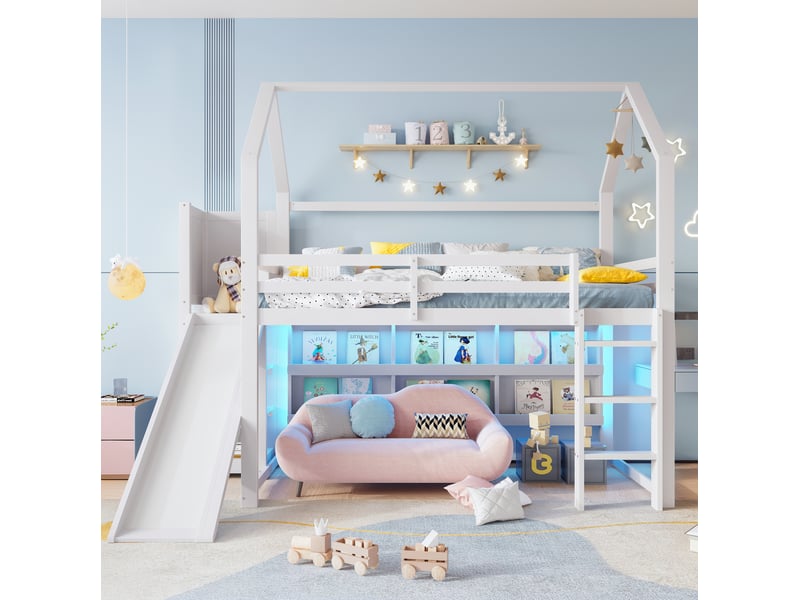  Lit mezzanine enfant, 90x200 cm, lit en hauteur, matelas non inclus, bois et pin et mdf et contreplaqué, coloris blanc  - Conforama E