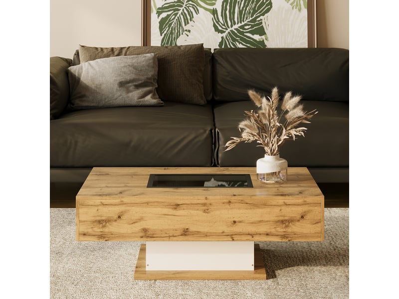 Table basse avec 2 tiroirs et niche led pour salon en panneaux de particules 110,2×60×39,7 cm blanc et bois naturel - Conforama C