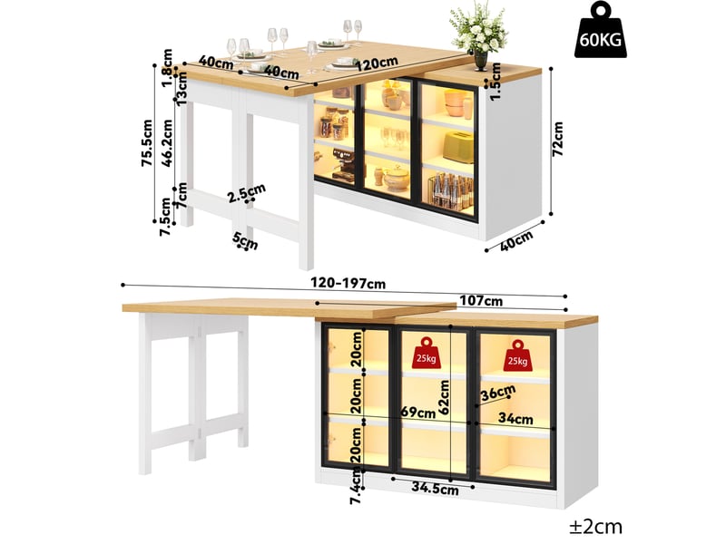  Buffet de cuisine modenvie pivotant et extensible 120-197 cm avec système d'éclairage multicolore, mdf et verre, blanc  - Conforama C