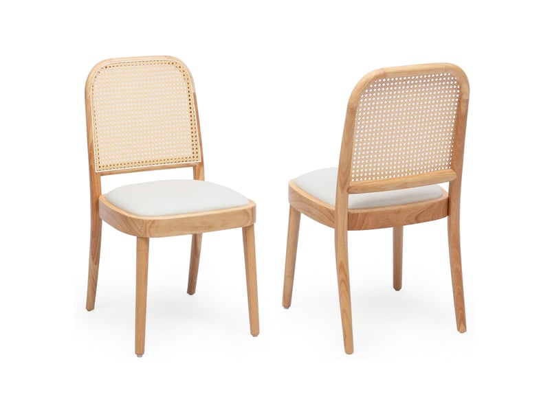  Lot de 2 chaises de salle à manger avec dossier en rotin et assise rembourrée en lin, bois couleur bois  - Conforama A