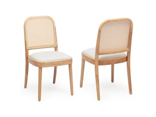 Lot de 2 chaises de salle à manger avec dossier en rotin et assise rembourrée en lin, bois couleur bois