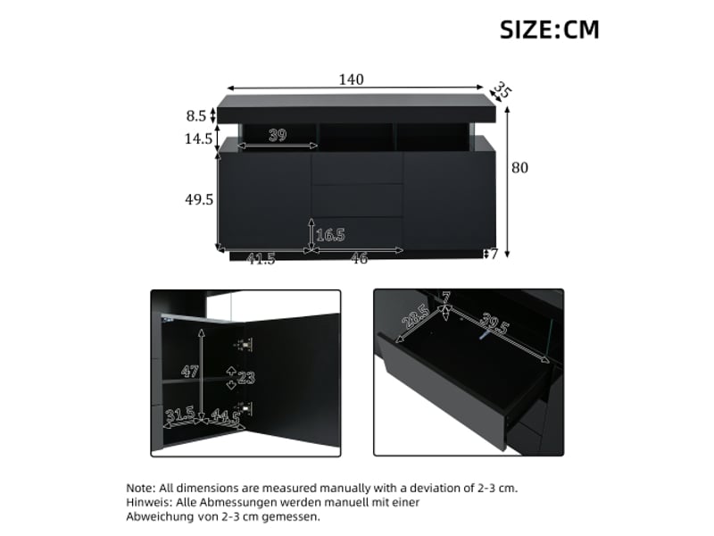  Buffet moderne, moderne, deux portes et trois tiroirs, meuble de rangement brillant, buffet de salon avec éclairage led, 140×35×80cm, noir  - Conforama E