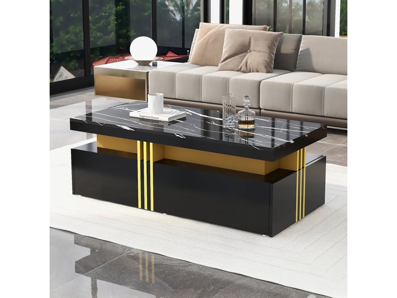  Table basse noire brillante rectangulaire avec 2 tiroirs effet marbre 100x50x40 cm  - Conforama E