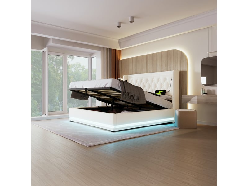 Lit coffre 160 x 200 cm en pu blanc, rangement hydraulique, tête de lit avec usb type-c et led sur 3 côtés, matelas inclus - Conforama D
