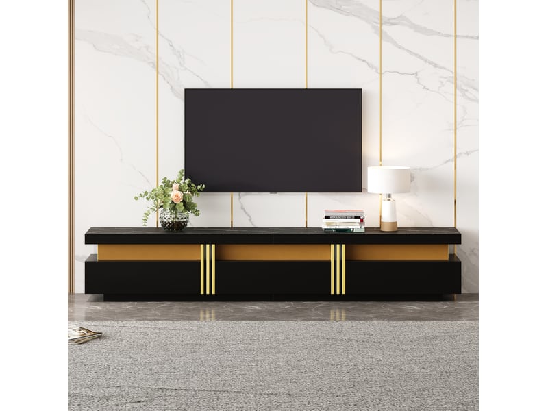  Meuble tv bas 200 x 40 x 42 cm noir avec 3 tiroirs, effet marbre, jusqu’à 90 pouces  - Conforama D