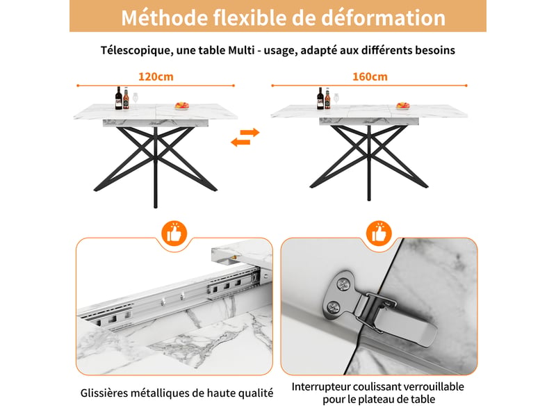  Table à manger extensible 120-160x80x76 cm, plateau effet marbre mdf, blanc, pieds étoile en métal, noir  - Conforama E