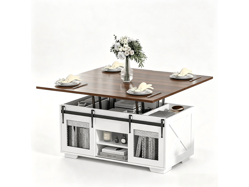  Table basse relevable, extensible et multifonctionnelle 3 en 1 avec rangement dissimulé - salle à manger, convertible, style campagnard, noyer  - Conforama A