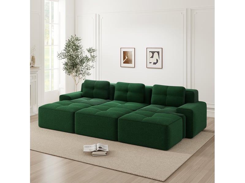 Canapé d'angle modulable ulevr 3 places avec fonction couchage, 3 poufs, velours côtelé vert, 293 x 177 x 69 cm - Conforama D