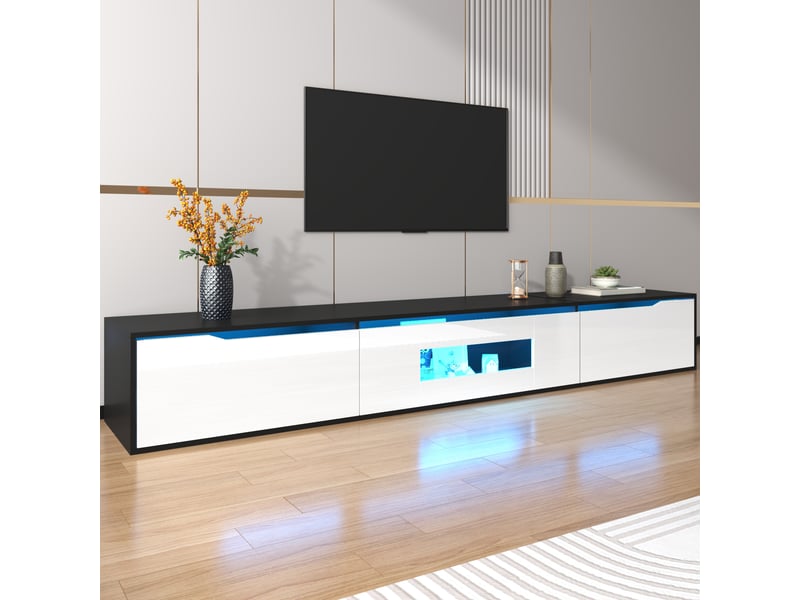  Meuble tv 180 cm, avec éclairage led, rangements fermés et niche centrale, en mdf au style moderne, noir et blanc brillant, pour salon et séjour Luxe haut de gamme - Conforama D