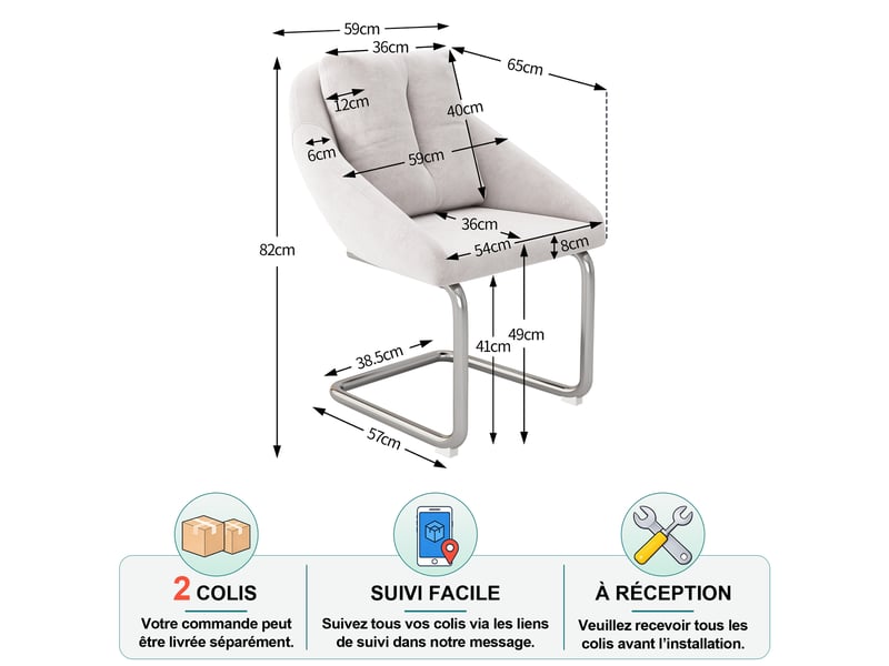  Chaise de salle à manger lot de 4 pivotantes ergonomiques avec dossier enveloppant et pieds en métal, en velours beige  - Conforama D